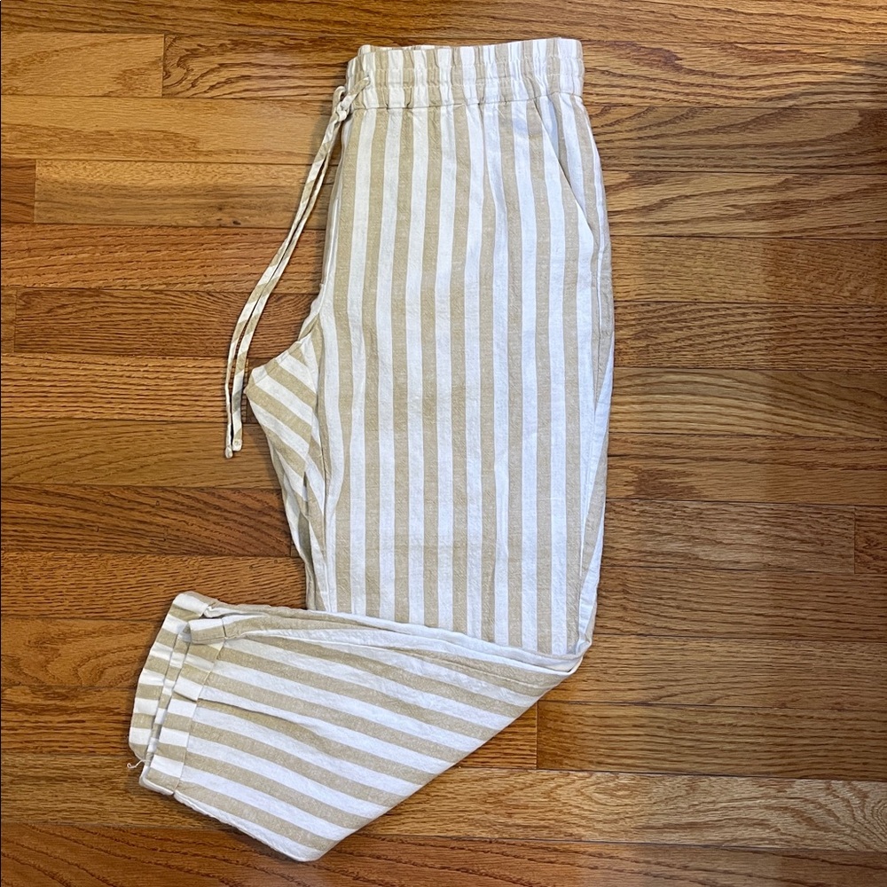 J. Crew Factory Khaki & White Striped Linen-Cotton Blend Drawstring Pant Sz 10